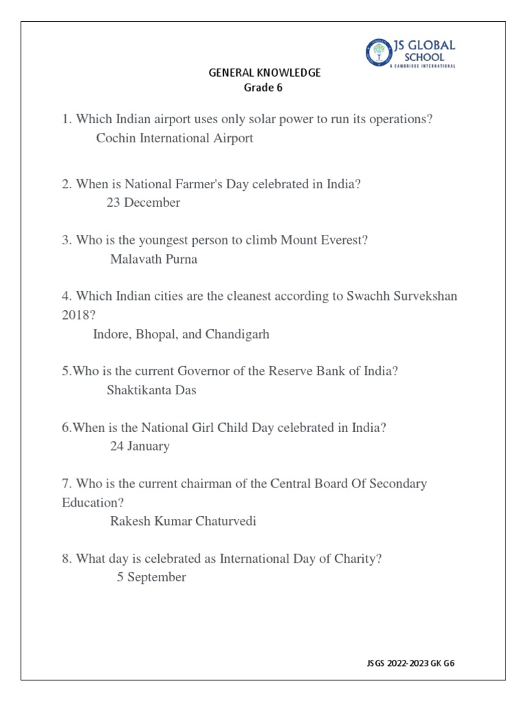 Grade 6 General Knowledge Quiz | PDF