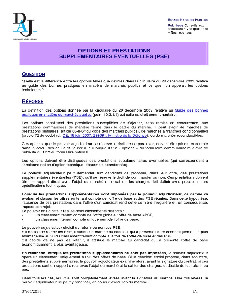 Options et PSE dans les marchés publics | PDF