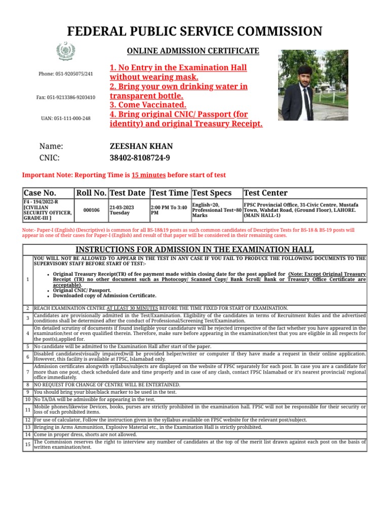 FPSC Admission Certificate Guidelines | PDF