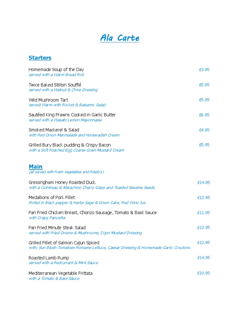 A La Carte Menu: Starters to Desserts | PDF