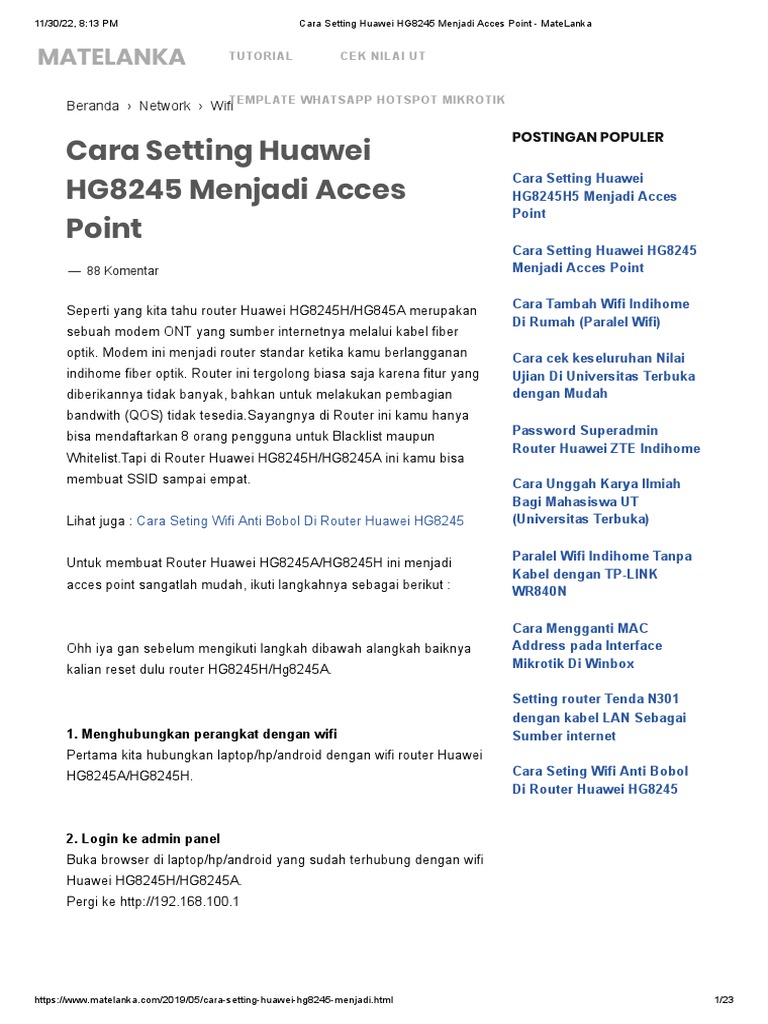 Curated visual reference: Huawei Hg8245 Firmware Update Documentation Reference: Cara Setting Huawei Hg8245 Menjadi Acces Point