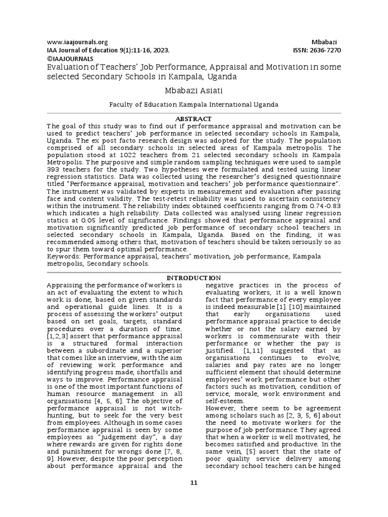 Evaluation of teachers job performance appraisal and motivation in