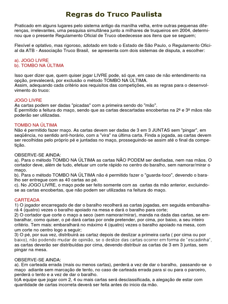 Silo - Tips - Regras Do Truco Paulista | PDF | Cartas de baralho ...
