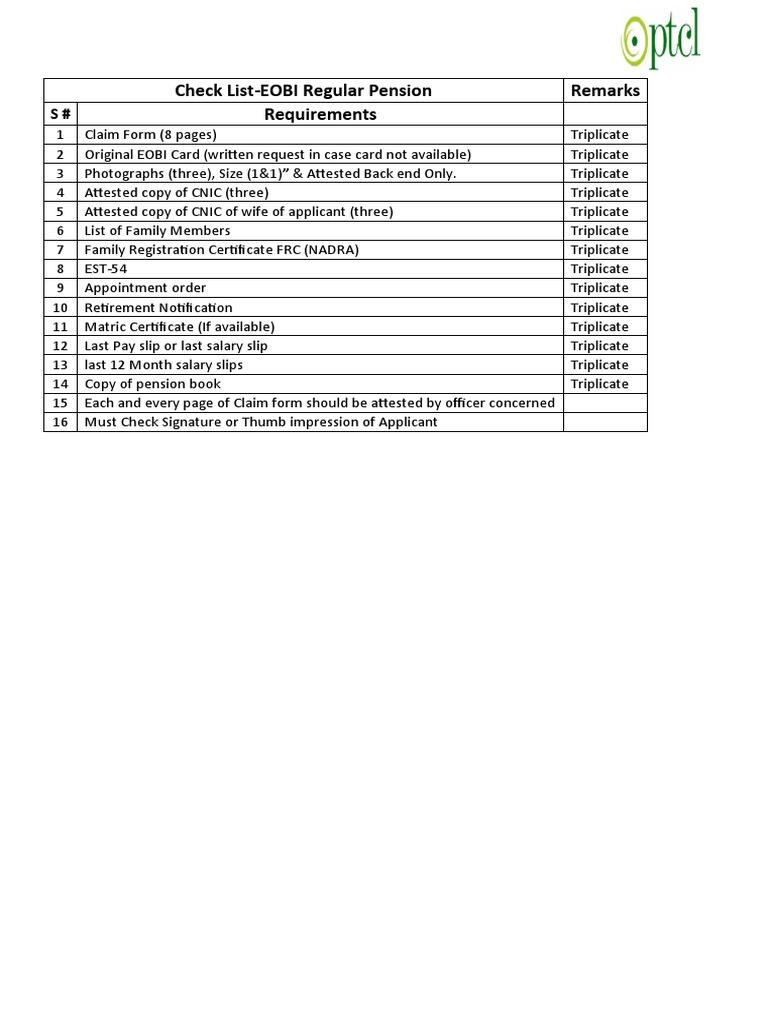 EOBI Pension Claim Requirements Checklist | PDF | Government