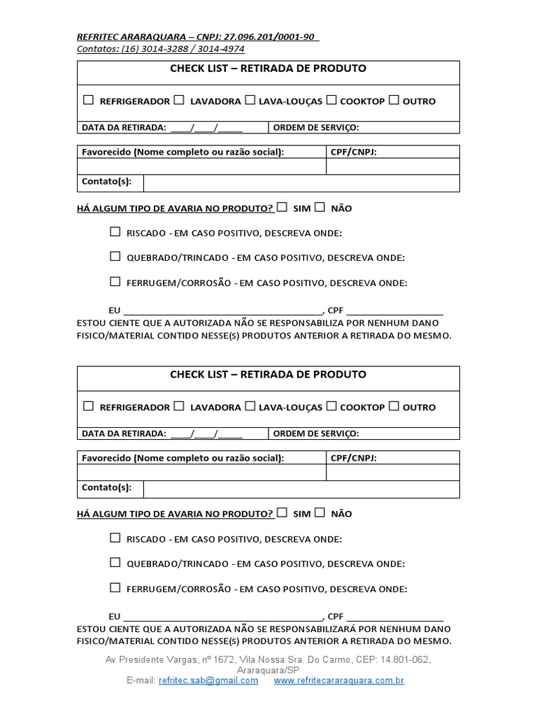 Check List de Retirada de Produtos | PDF