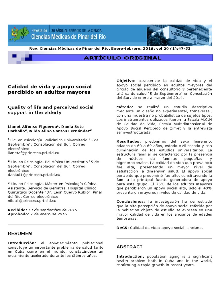 Calidad de Vida y Apoyo Social Percibido en Adultos Mayores | PDF ...