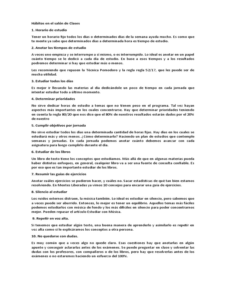 Hábitos en El Salón de Clases | PDF