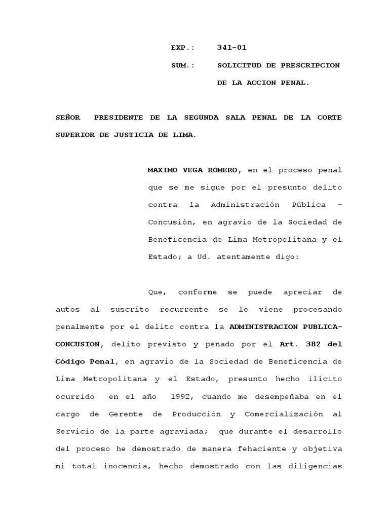 Solicitud de Prescripción Penal en Perú | PDF | Estatuto de ...