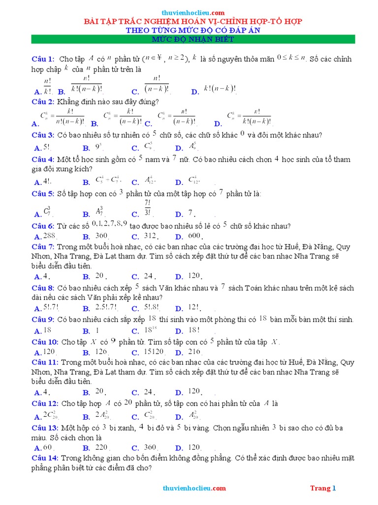 Trac Nghiem Hoan Vi Chinh Hop To Hop Theo Muc Do | PDF
