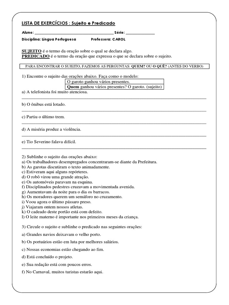 Lista - de - Exercicios Sujeito e Predicado 3º Sem | PDF | Assunto ...