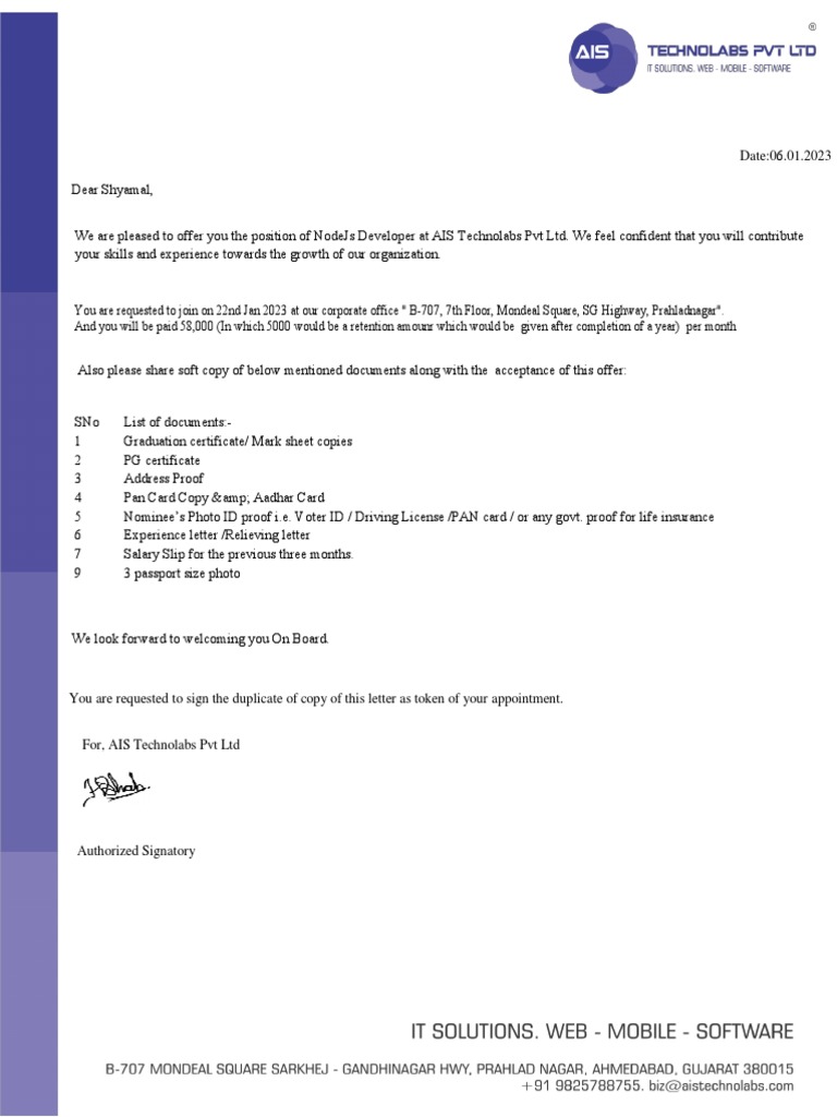 AIS Technolabs Job Offer Details | PDF