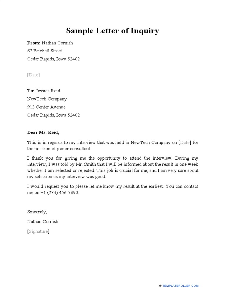 Sample Inquiry Letter After Interview | PDF