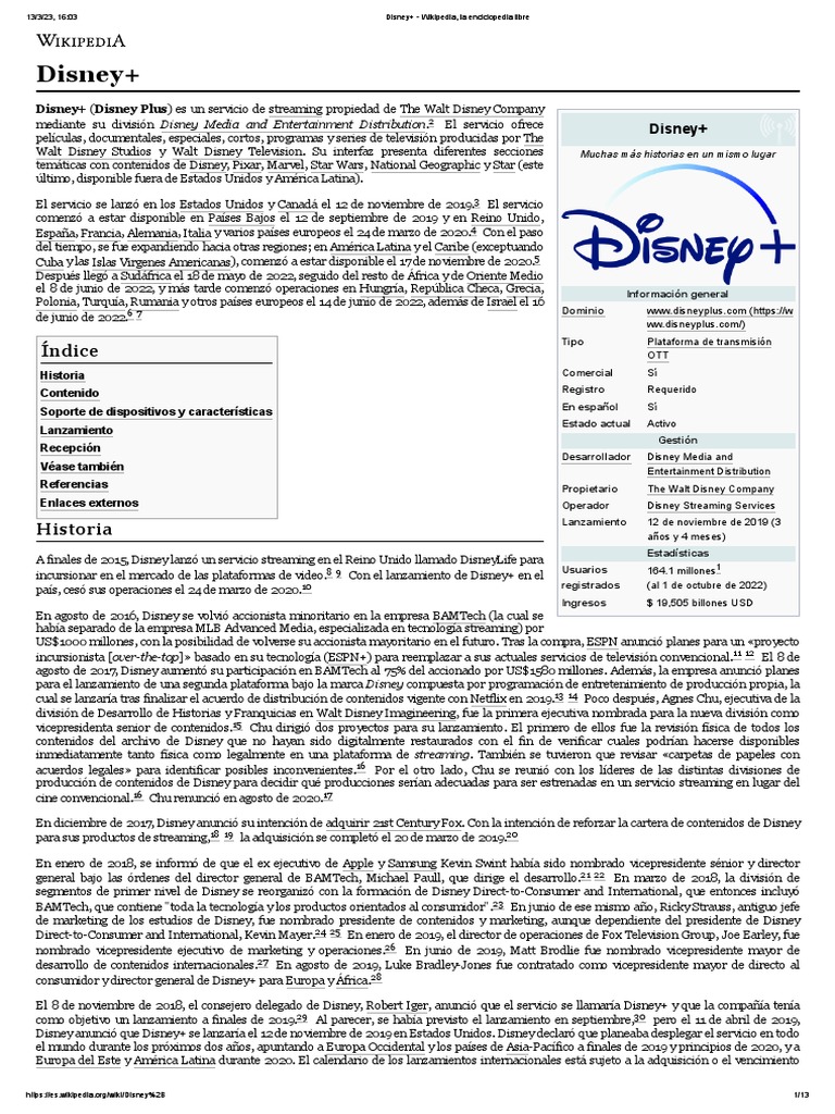 Disney+ - Wikipedia, La Enciclopedia Libre | PDF | Empresas de los ...