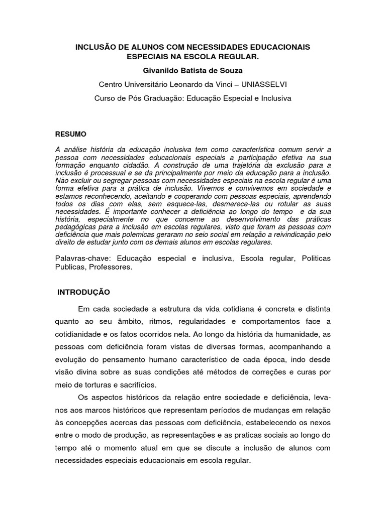 Inclusão de Alunos Com Necessidades Educaçionais Especiais Na Escola ...