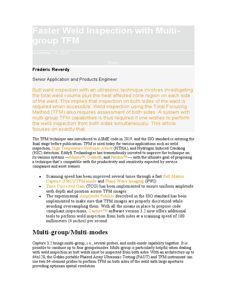 faster weld inspection multigroup TFM | PDF | Pixel | Image Resolution