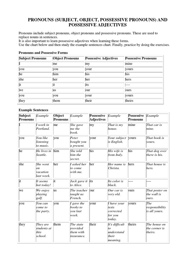 Pronouns and Possessives Worksheet | PDF | Pronoun | Linguistic Typology