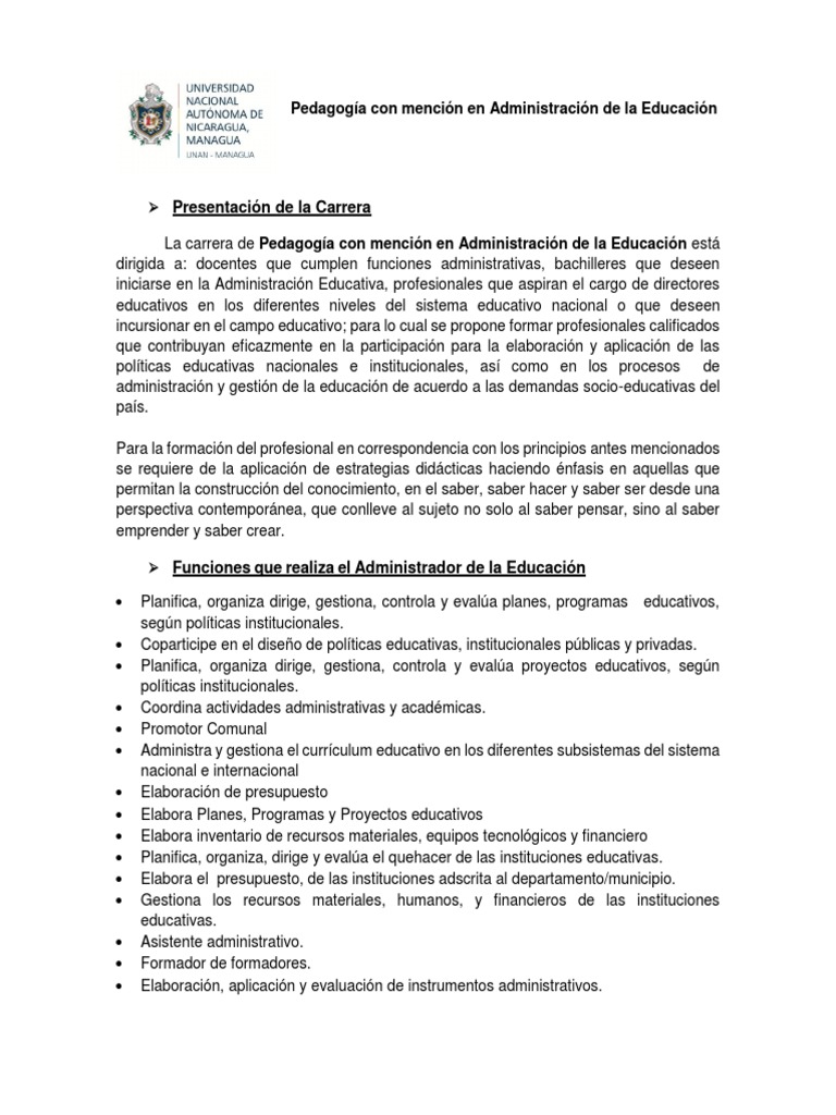 Pedagogia Con Mencion en Administracion de La Educacion PDF | PDF ...