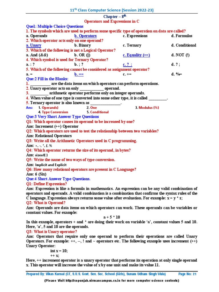 11 Class Computer Science (Session 2022-23) : B. Operators A. Unary C ...