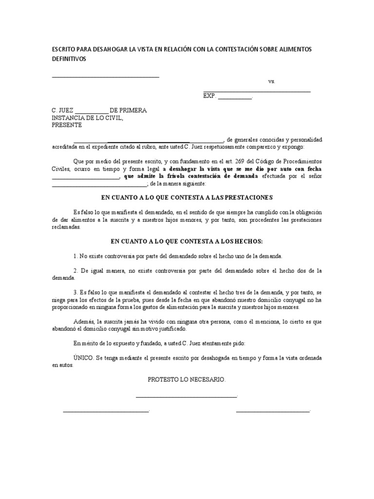 Escrito para Desahogar La Vista en Relación Con La Contestación Sobre ...