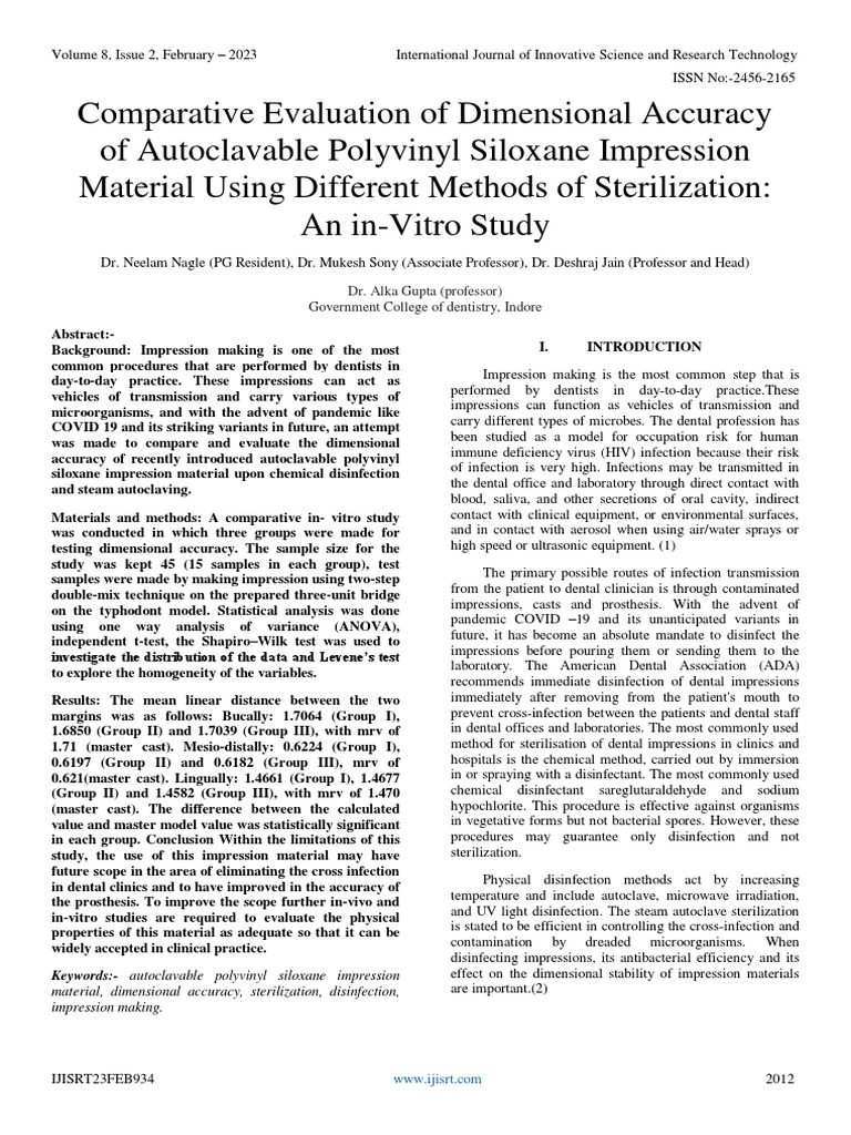 Comparative Evaluation of Dimensional Accuracy of Autoclavable Polyvinyl Siloxane Impression