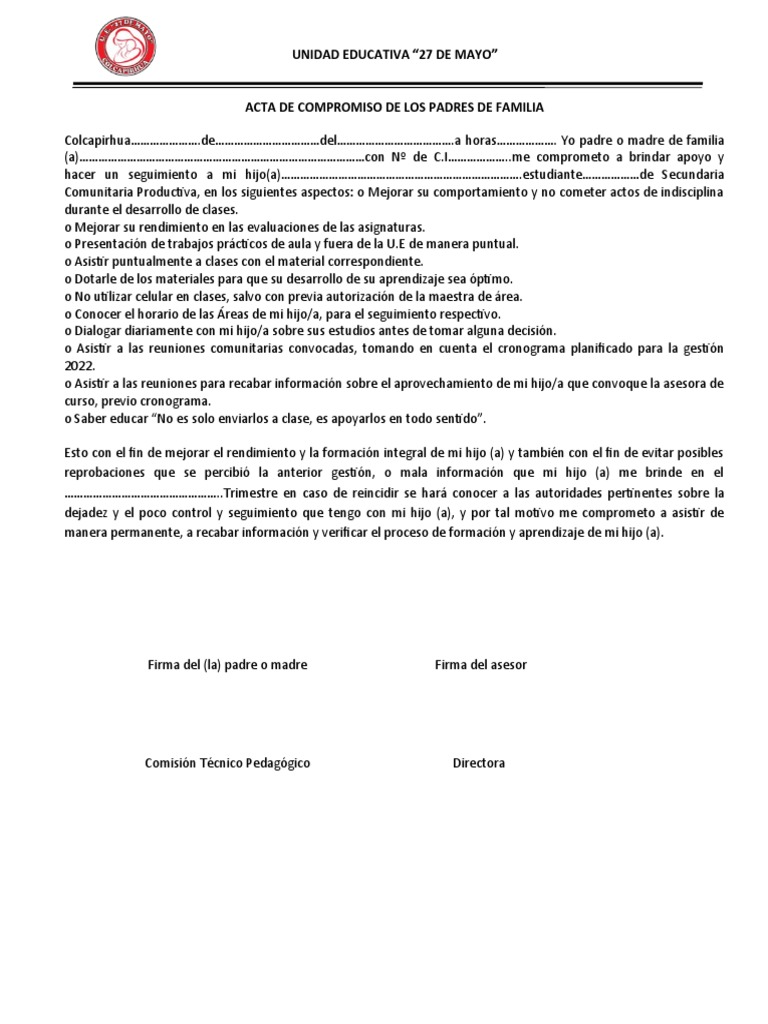 Acta de Compromiso de Los Padres de Familia 27 de Mayo | PDF