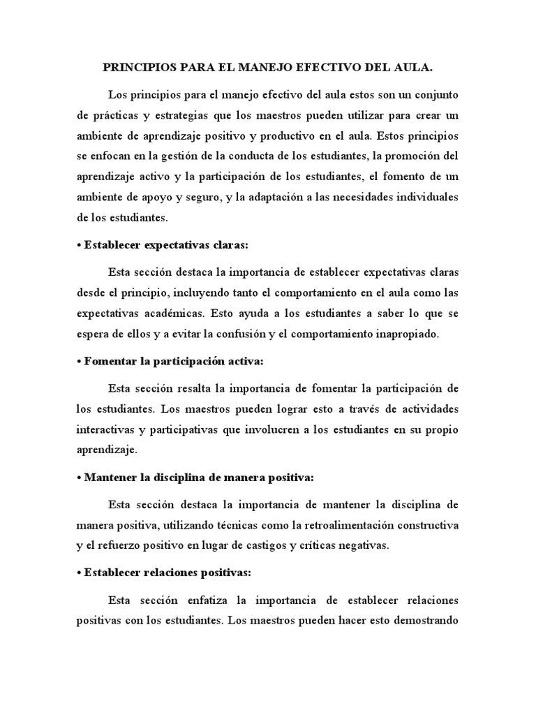 Principios para Manejo Efectivo del Aula | PDF | Salón de clases ...