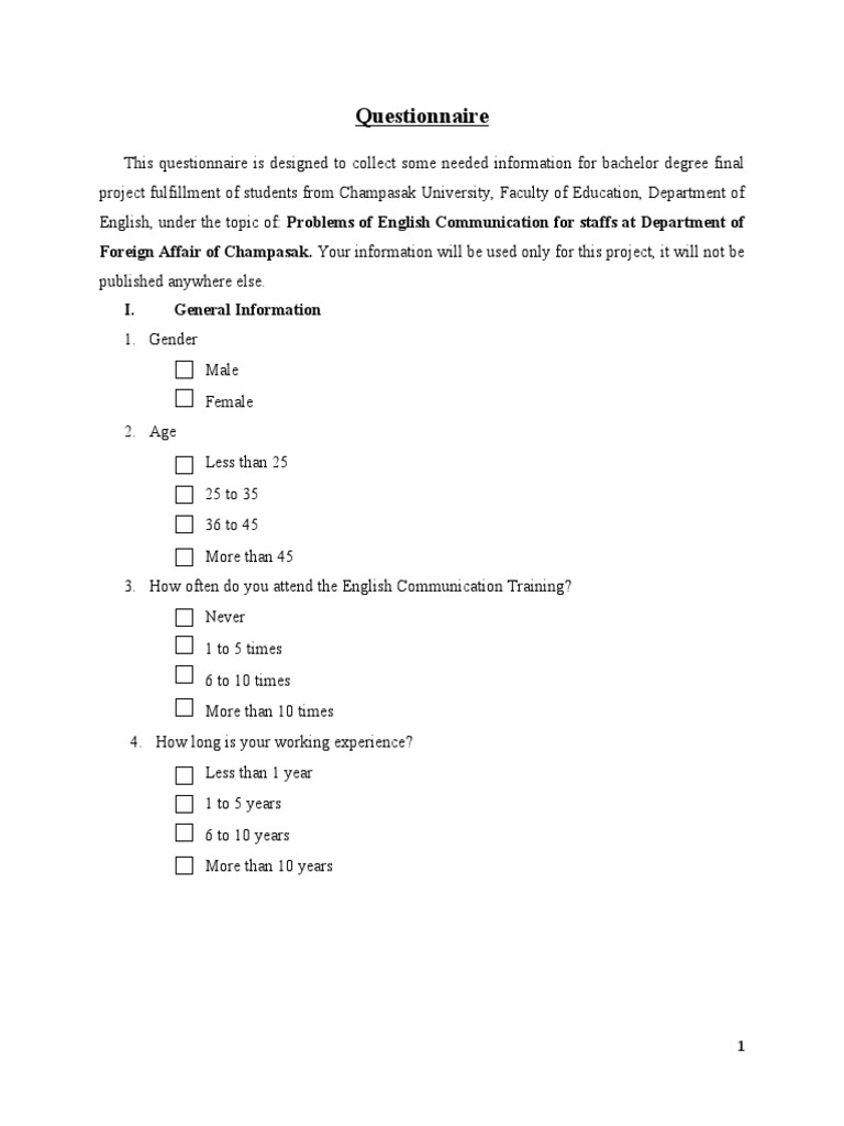 Questionnaire Eng. Ver 9-3-23 | PDF | English Language | Communication