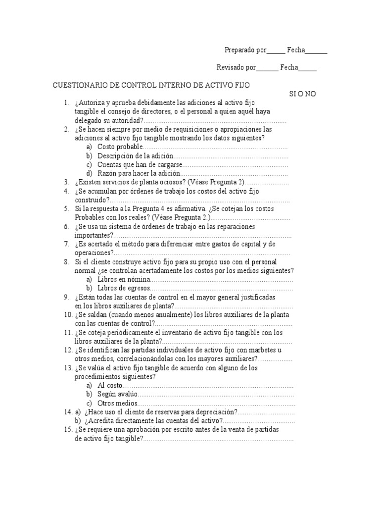Cuestionario de Control Interno PDF | PDF | Depreciación | Economias