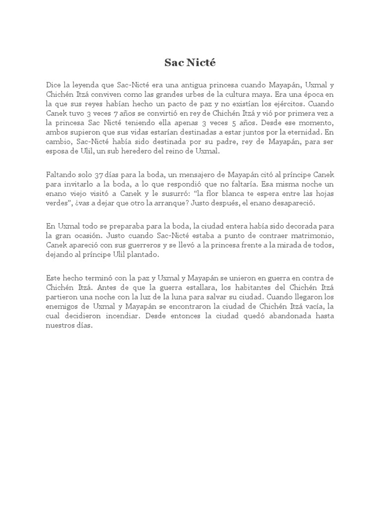 La leyenda de Sac Nicté y Canek | PDF | Clásicos