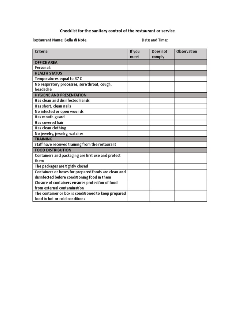 Checklist For The Sanitary Control of The Restaurant or Service PDF