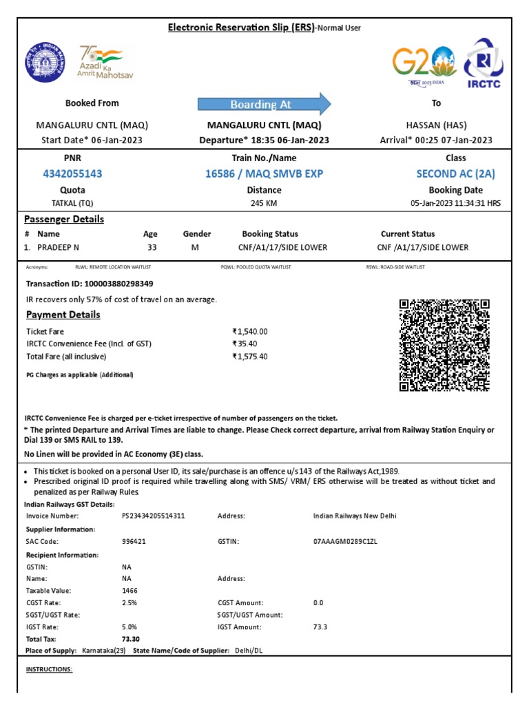 Electronic reservation slip ers for a second ac train ticket from