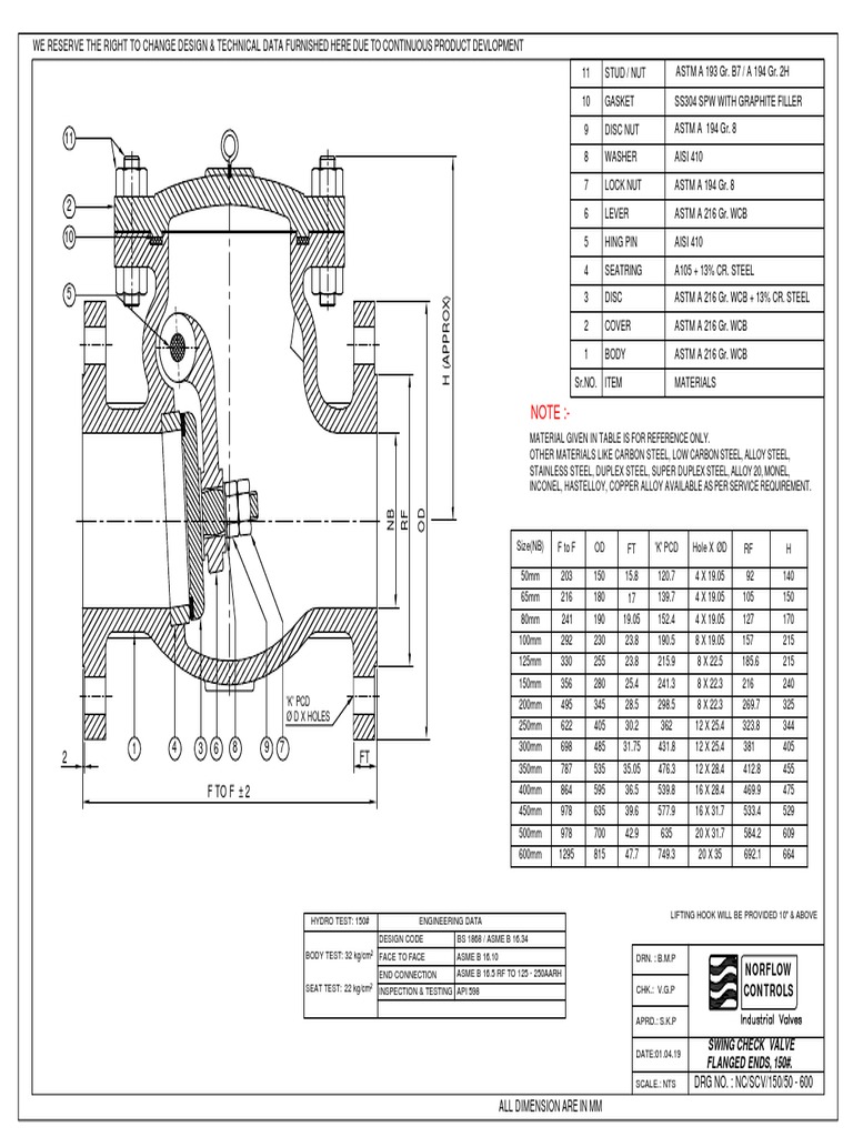 Technical specifications and engineering data for flanged end swing