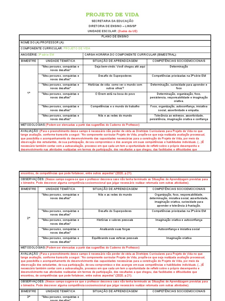 Plano de Ensino: Projeto de Vida EM | PDF | Aprendizado | Vida