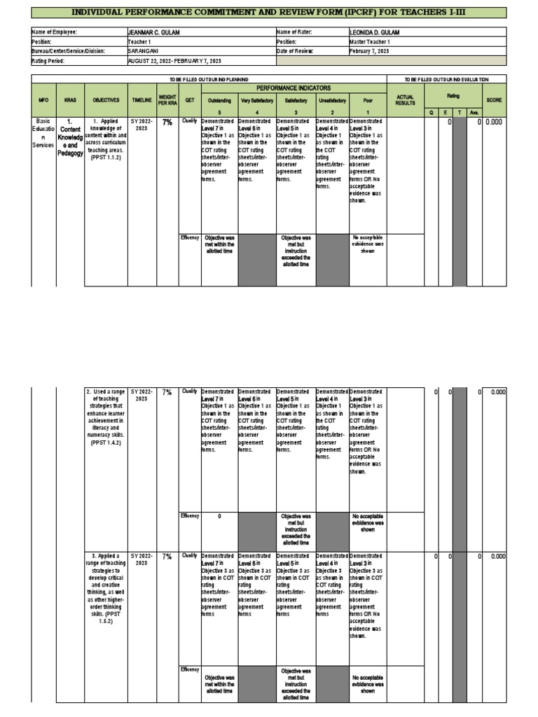 IPCRF 2022-2023 for Teachers I-III | PDF | Goal | Educational Assessment