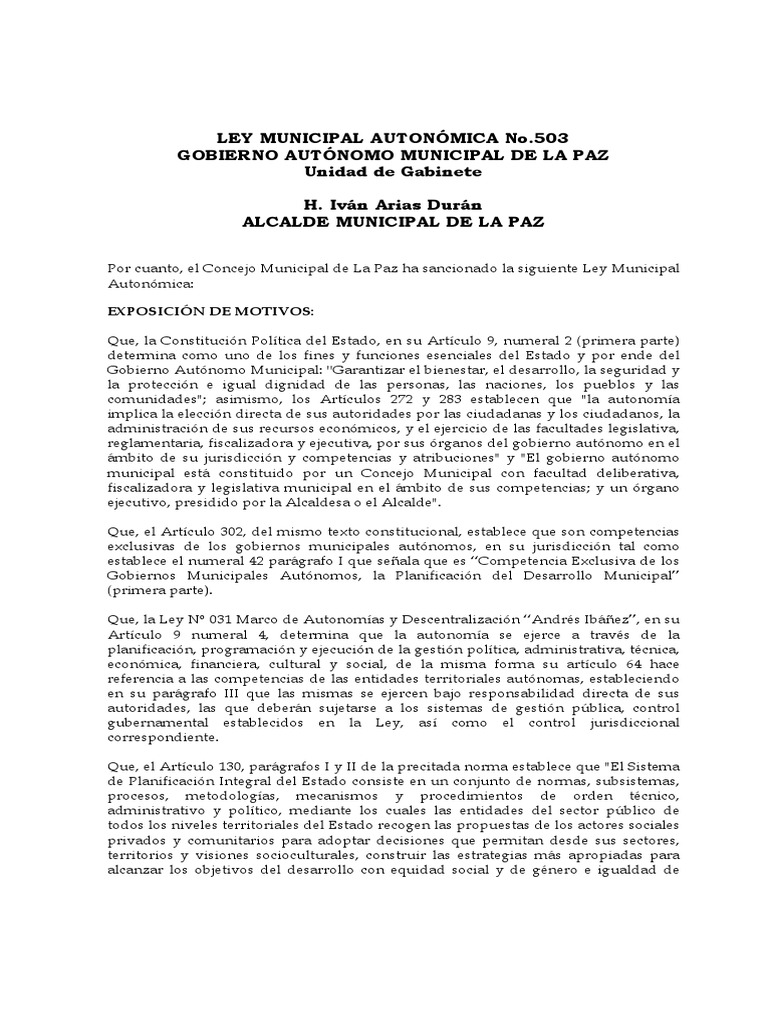 LEY AUTONOMA No 503 DEL PLAN TERRITORIAL DE DESARROLLO INTEGRAL PTDI ...