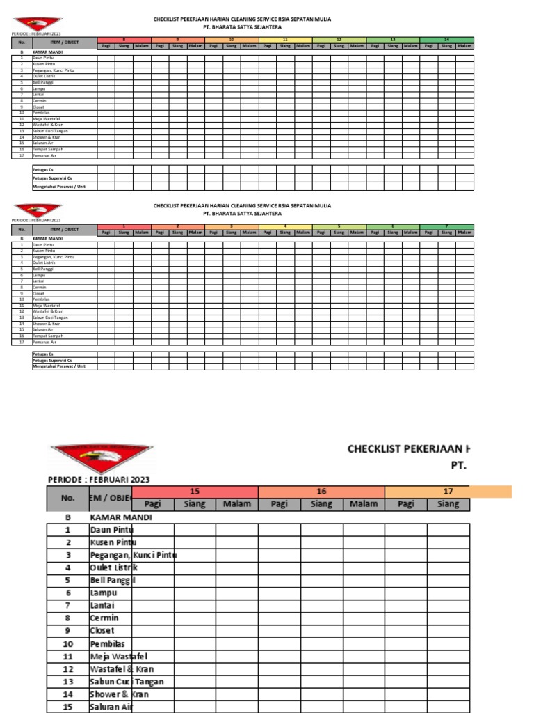Checklist Harian Cleaning Service RSIA | PDF