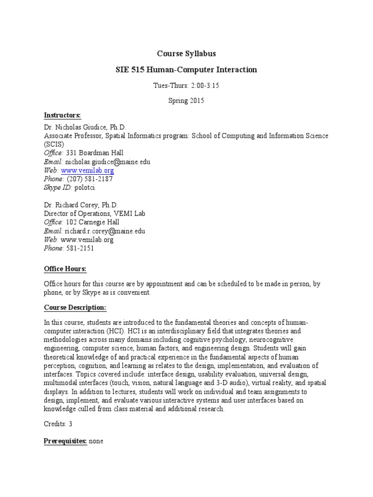 SIE515 Syllabus PDF Interaction Augmented Reality