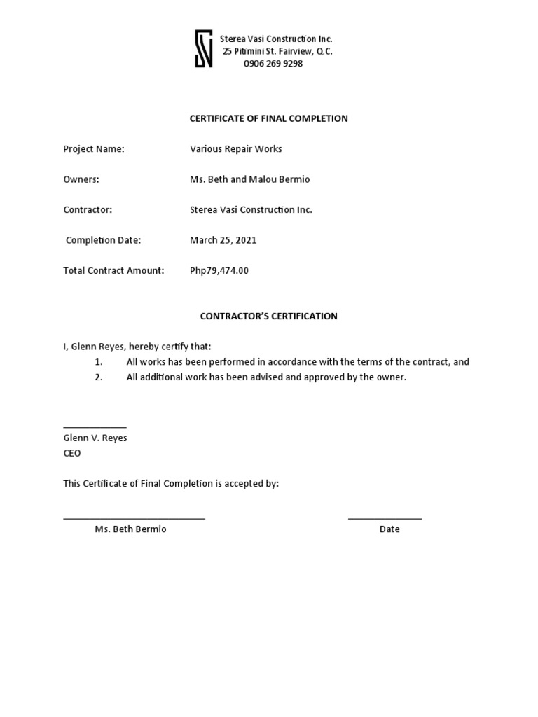 Final Completion Certificate for Repairs | PDF | Law