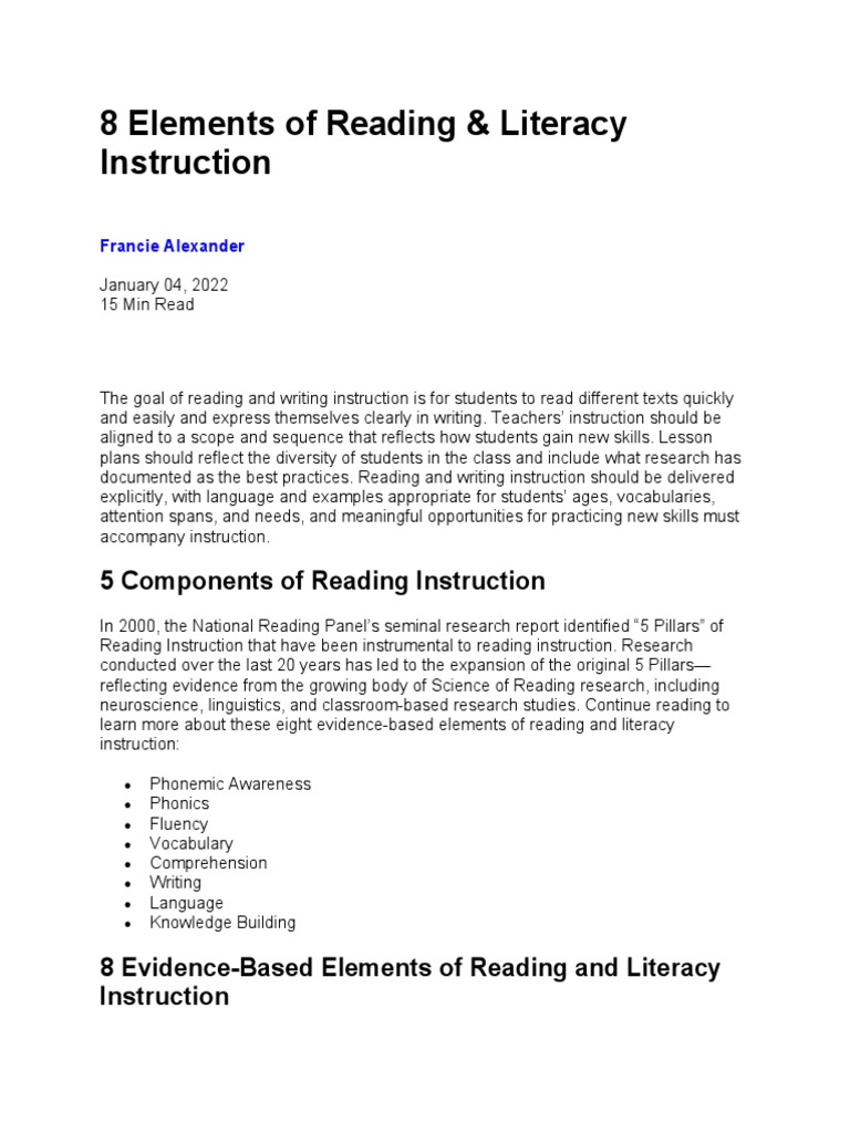 8 Elements of Reading PDF Reading Comprehension Phonics