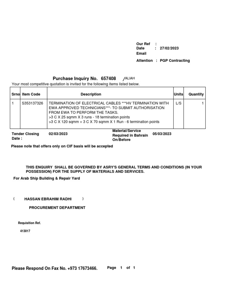 Request for Quotation on High Voltage Electrical Cable Termination ...