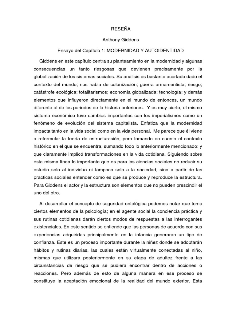 Giddens - RESEÑA | PDF | Capitalismo | Modernidad