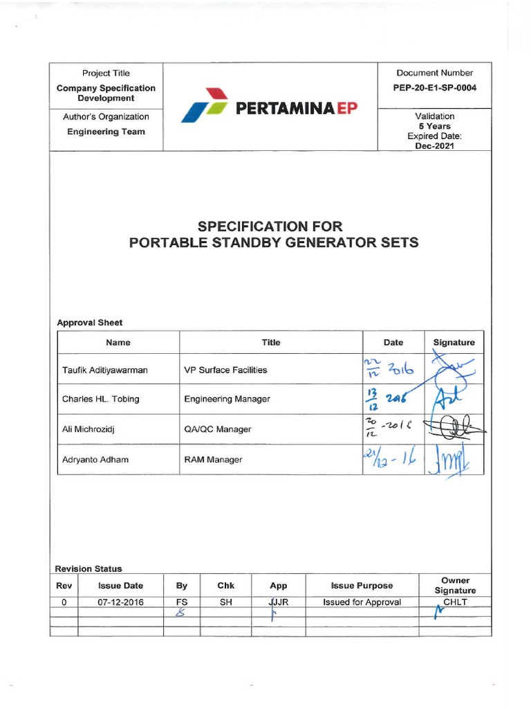 PEP-20-E1-SP-0004 Specification For Portable Standby Generator Sets | PDF