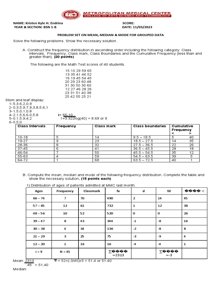 Problem Set On Grouped Data | PDF | Mathematics | Sampling (Statistics)