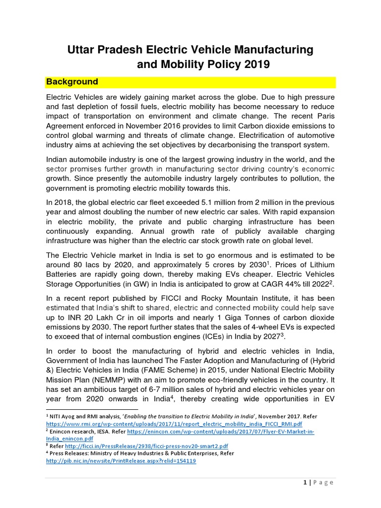 Uttar Pradesh EV Manufacturing Policy 2019 | PDF | Electric Vehicle ...