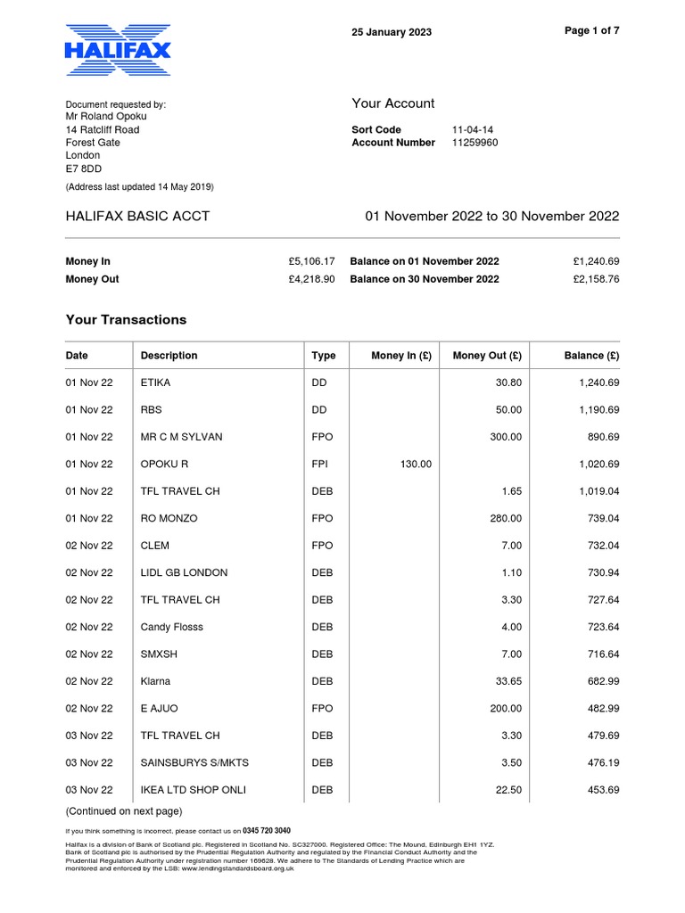 Halifax Basic Account Statement | PDF | Banks | Service Industries