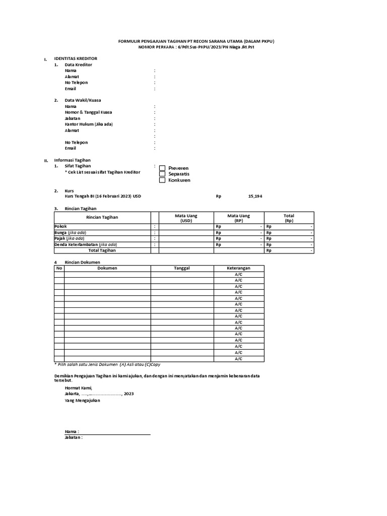 Formulir Pengajuan Tagihan Kreditor | PDF
