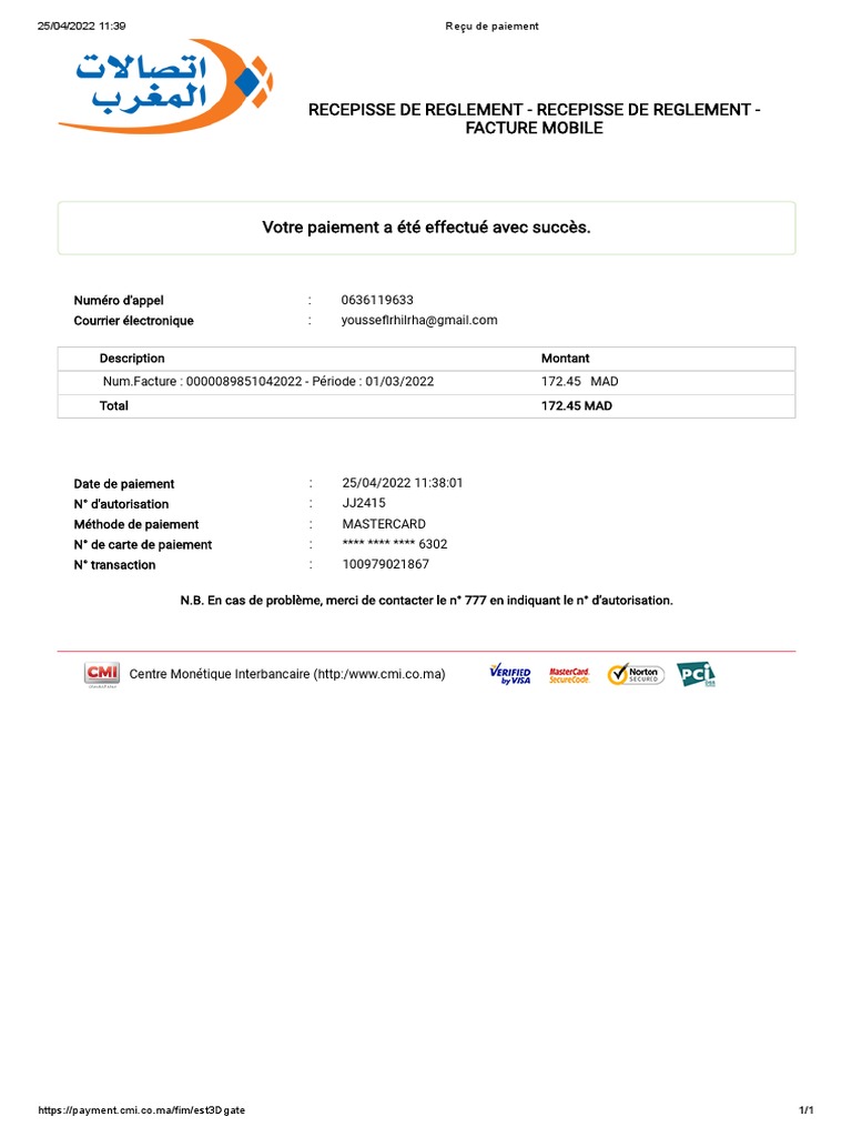 Reçu de paiement en ligne - 172.45 MAD | PDF