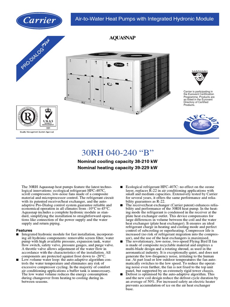 Carrier 30RH Aquasnap Heat Pump Overview | PDF | Heat Pump | Heat Exchanger