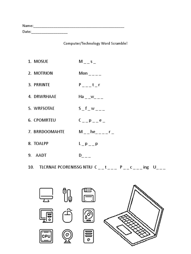 Name Date Computer/Technology Word Scramble! PDF