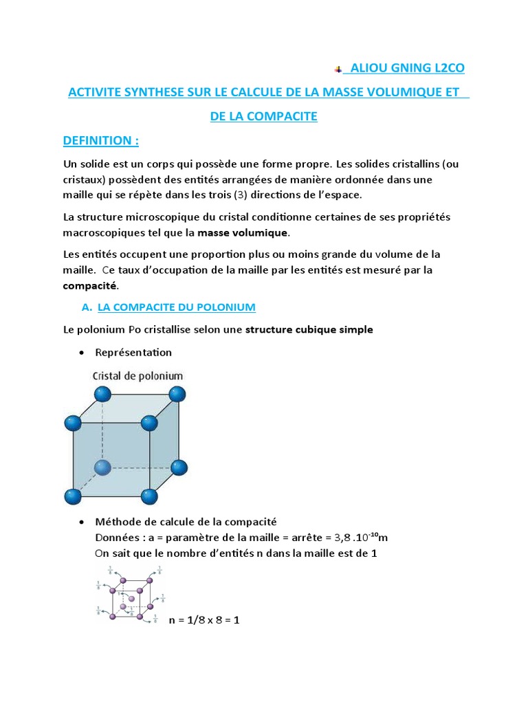 Masse Volumique et Compacité du Polonium PDF Structure cristalline — free download